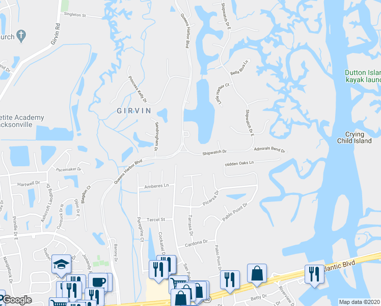 map of restaurants, bars, coffee shops, grocery stores, and more near 912 Shipwatch Drive in Jacksonville