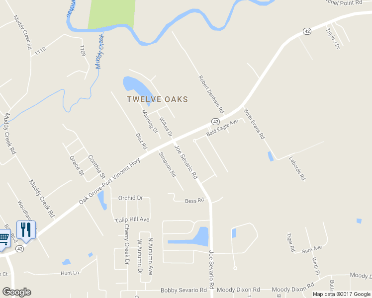 map of restaurants, bars, coffee shops, grocery stores, and more near 17660 Joe Sevario Road in Prairieville