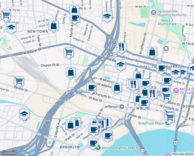map of restaurants, bars, coffee shops, grocery stores, and more near West Monroe Street in Jacksonville