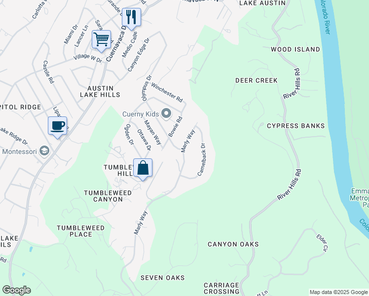 map of restaurants, bars, coffee shops, grocery stores, and more near 1025 Marly Way in Austin