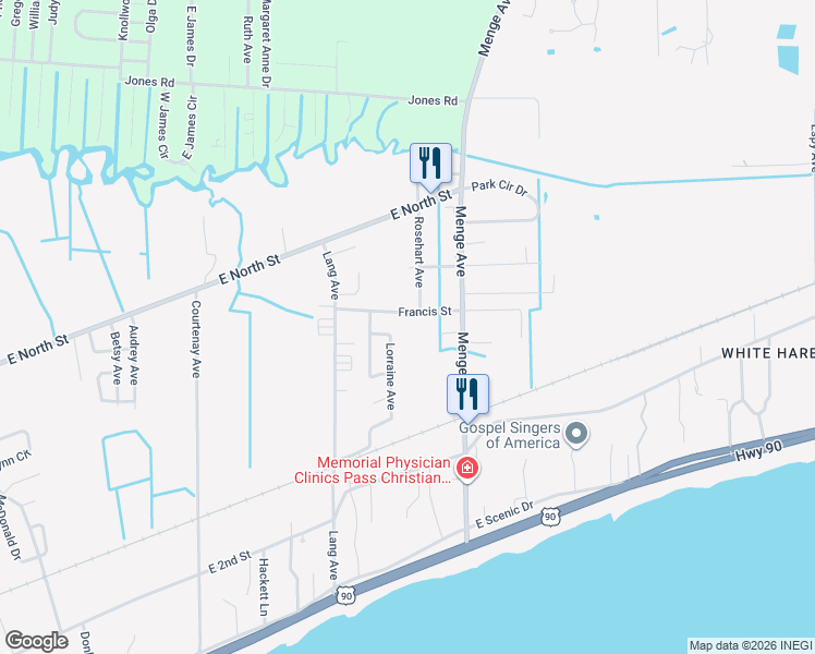 map of restaurants, bars, coffee shops, grocery stores, and more near 212 Francis Street in Pass Christian