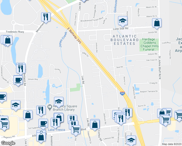 map of restaurants, bars, coffee shops, grocery stores, and more near 10100 Pontiac Drive in Jacksonville
