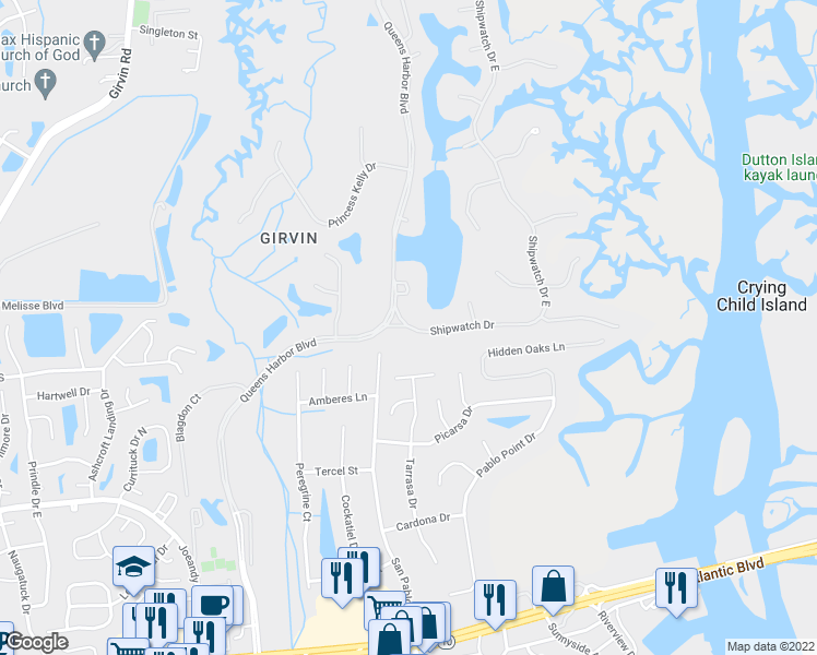 map of restaurants, bars, coffee shops, grocery stores, and more near 774 Shipwatch Dr in Jacksonville