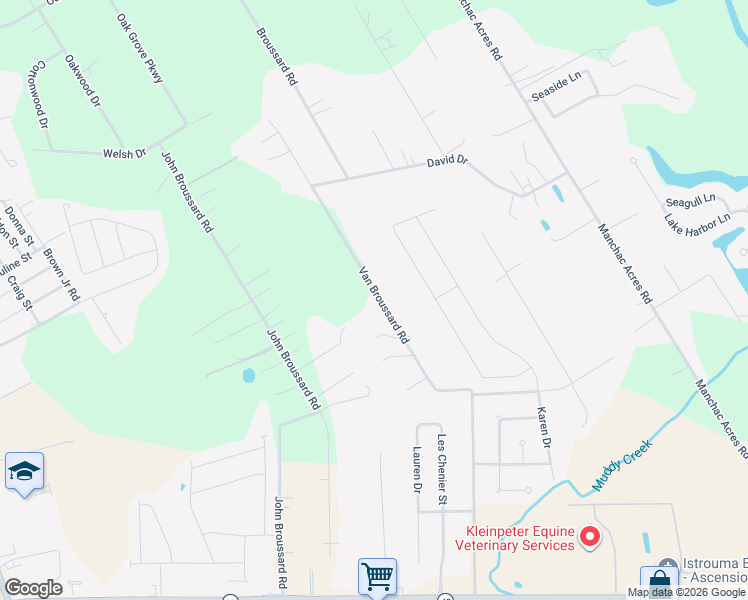 map of restaurants, bars, coffee shops, grocery stores, and more near 18193 Van Broussard Road in Prairieville