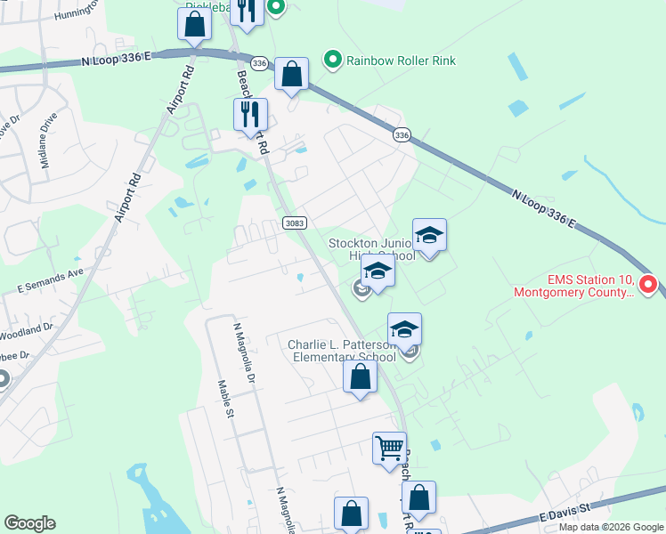 map of restaurants, bars, coffee shops, grocery stores, and more near 800 Beach Airport Road in Conroe