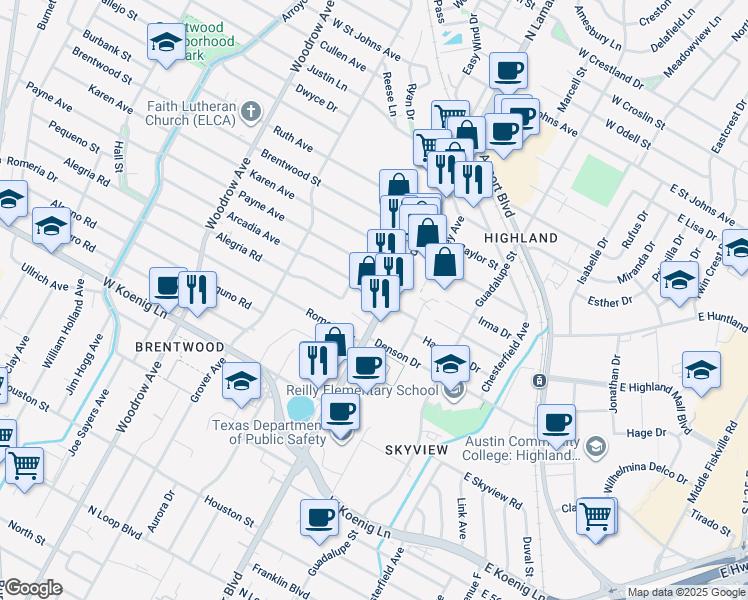 map of restaurants, bars, coffee shops, grocery stores, and more near 6320 North Lamar Boulevard in Austin