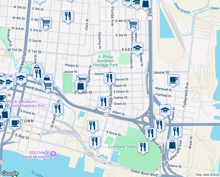 map of restaurants, bars, coffee shops, grocery stores, and more near 1017 East Union Street in Jacksonville