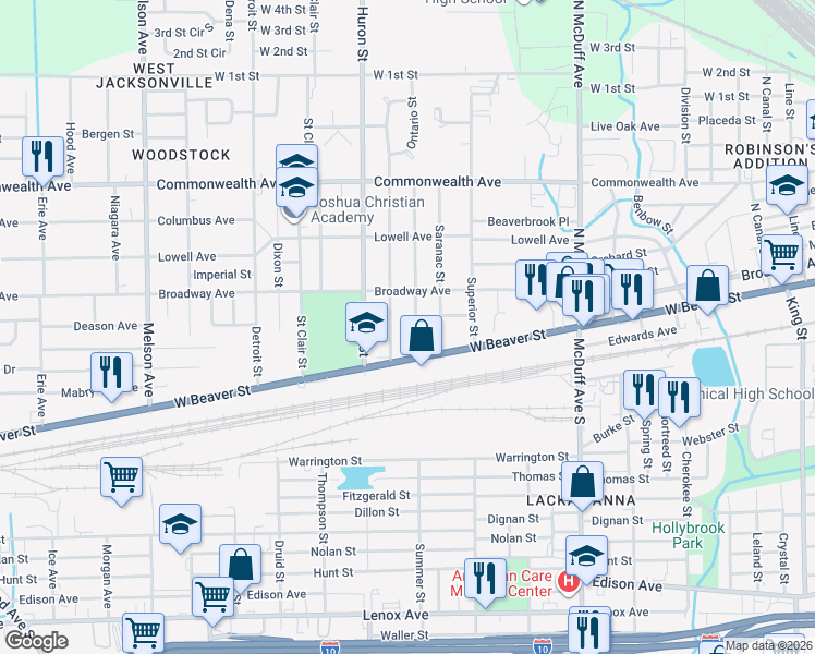 map of restaurants, bars, coffee shops, grocery stores, and more near 719 Mackinaw Street in Jacksonville