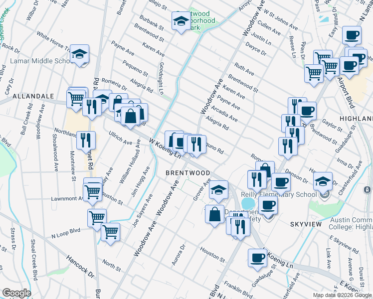 map of restaurants, bars, coffee shops, grocery stores, and more near in Austin