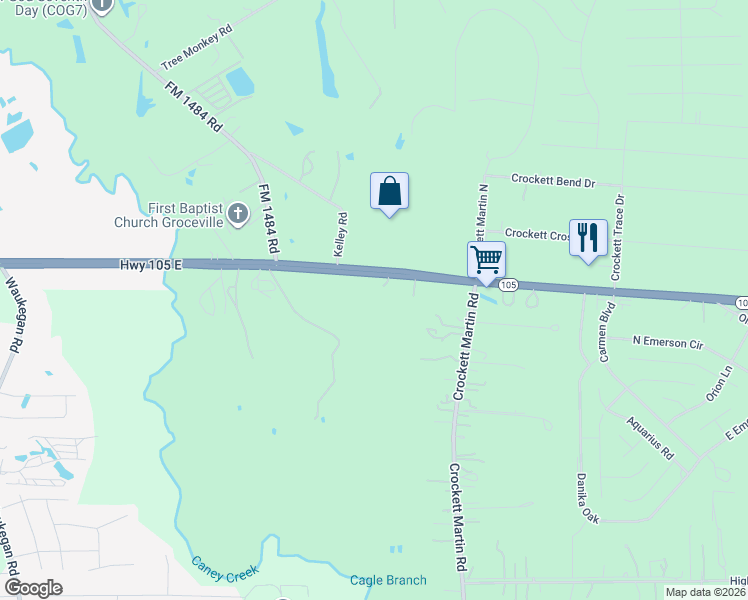 map of restaurants, bars, coffee shops, grocery stores, and more near 648 Crockett Martin Road in Conroe