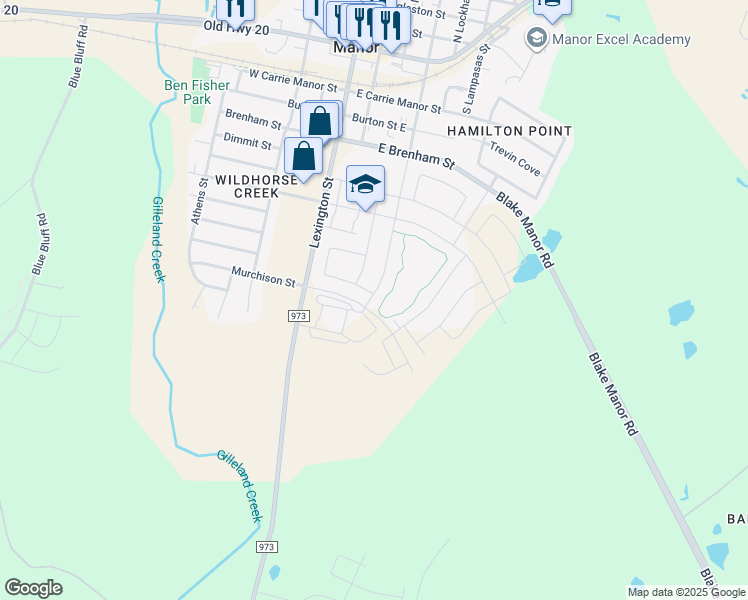 map of restaurants, bars, coffee shops, grocery stores, and more near 1100 San Marcos Street in Manor