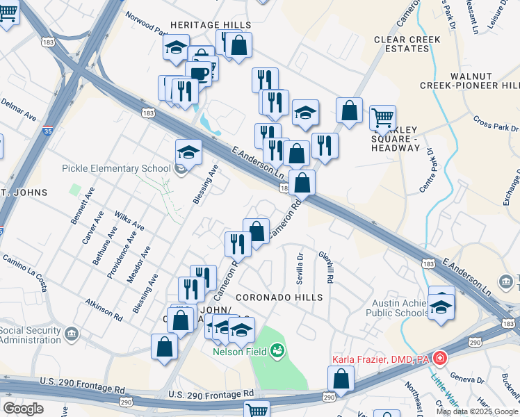 map of restaurants, bars, coffee shops, grocery stores, and more near 7610 Cameron Road in Austin