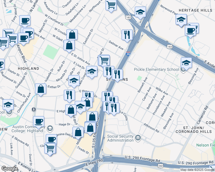 map of restaurants, bars, coffee shops, grocery stores, and more near in Austin