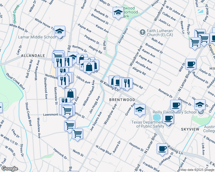 map of restaurants, bars, coffee shops, grocery stores, and more near 1518 Ullrich Avenue in Austin