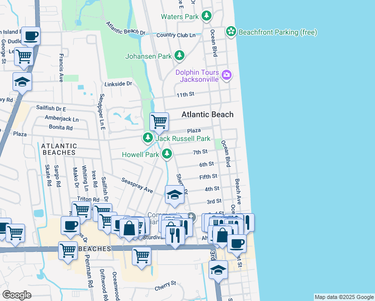 map of restaurants, bars, coffee shops, grocery stores, and more near 369 7th Street in Atlantic Beach