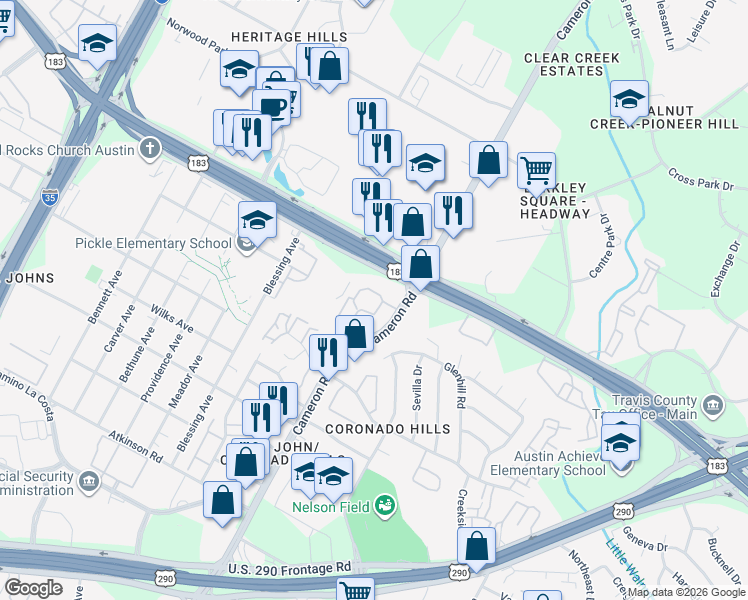 map of restaurants, bars, coffee shops, grocery stores, and more near 7610 Cameron Road in Austin