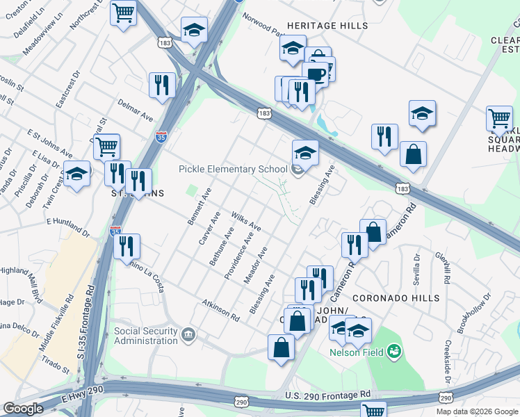 map of restaurants, bars, coffee shops, grocery stores, and more near 7306 Providence Avenue in Austin