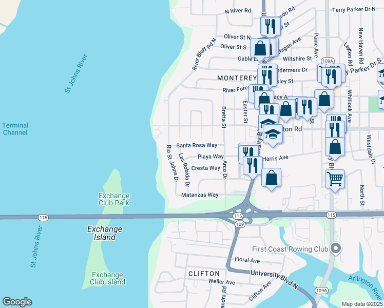 map of restaurants, bars, coffee shops, grocery stores, and more near 5327 Playa Way in Jacksonville
