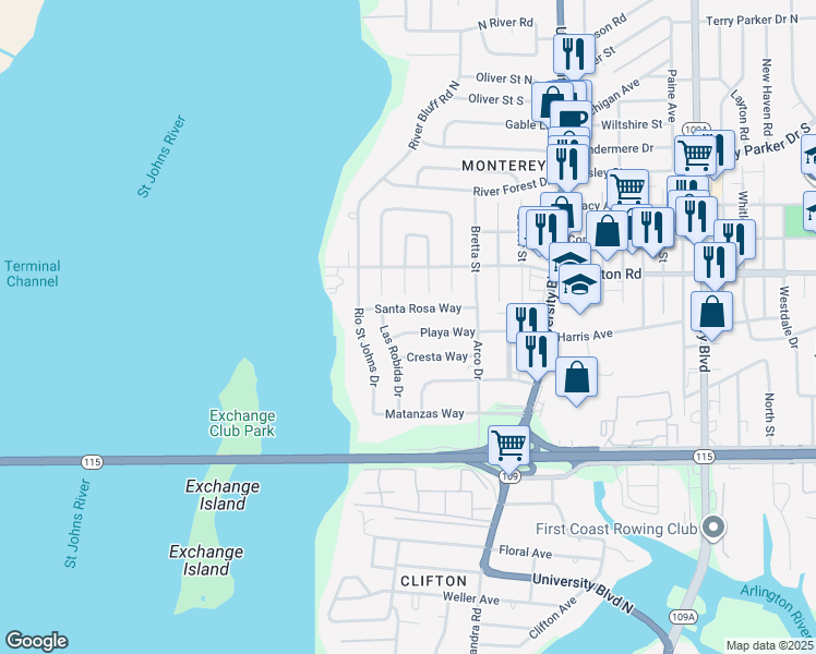 map of restaurants, bars, coffee shops, grocery stores, and more near 5327 Playa Way in Jacksonville