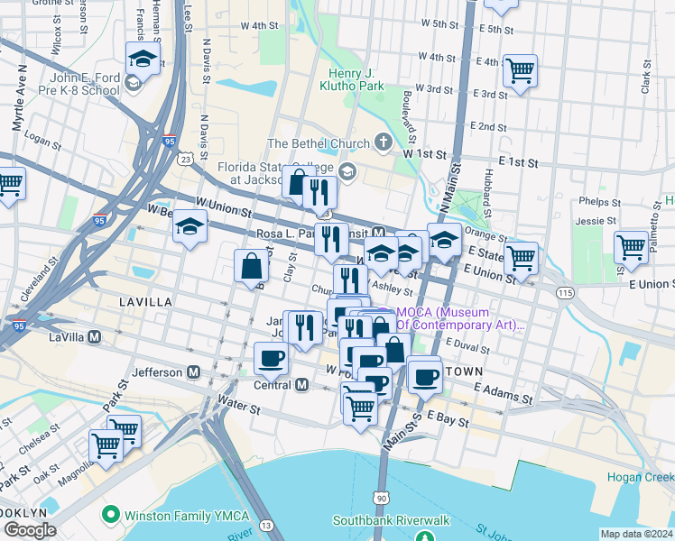 map of restaurants, bars, coffee shops, grocery stores, and more near 606 North Julia Street in Jacksonville