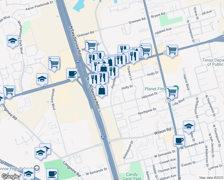 map of restaurants, bars, coffee shops, grocery stores, and more near 2025 Plantation Drive in Conroe