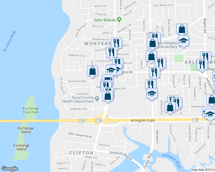 map of restaurants, bars, coffee shops, grocery stores, and more near 5571 Playa Way in Jacksonville