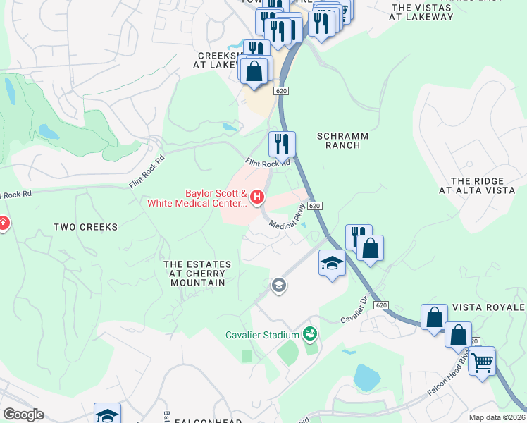 map of restaurants, bars, coffee shops, grocery stores, and more near 200 Medical Parkway in Lakeway