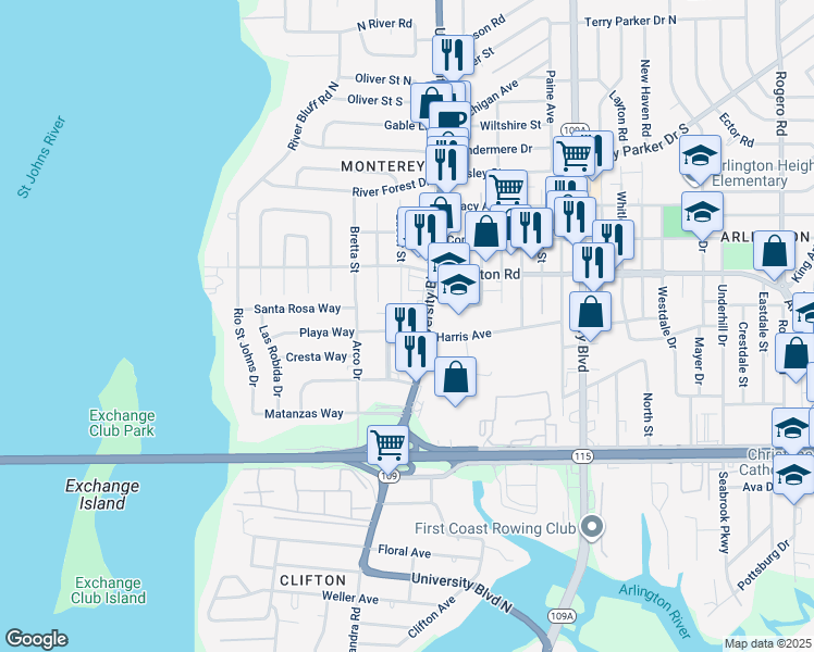 map of restaurants, bars, coffee shops, grocery stores, and more near 5548 Playa Way in Jacksonville