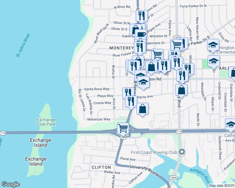 map of restaurants, bars, coffee shops, grocery stores, and more near 5452 Playa Way in Jacksonville