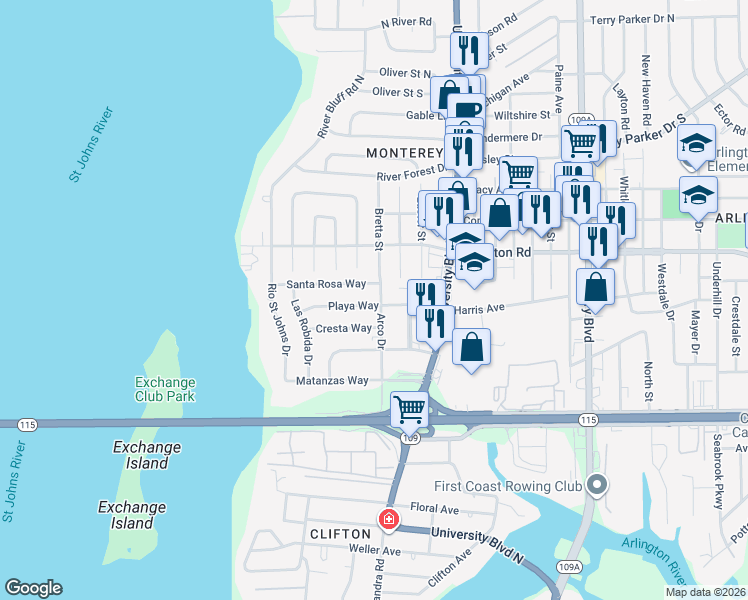 map of restaurants, bars, coffee shops, grocery stores, and more near 5452 Playa Way in Jacksonville