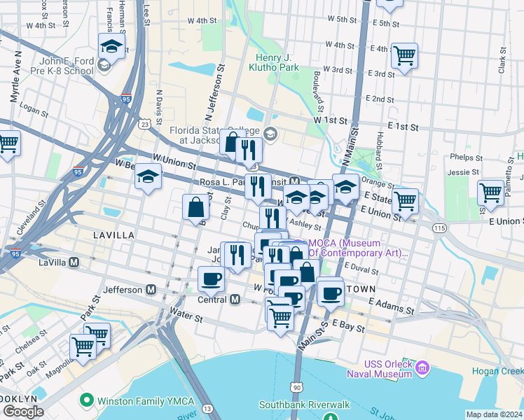 map of restaurants, bars, coffee shops, grocery stores, and more near 225 West Ashley Street in Jacksonville