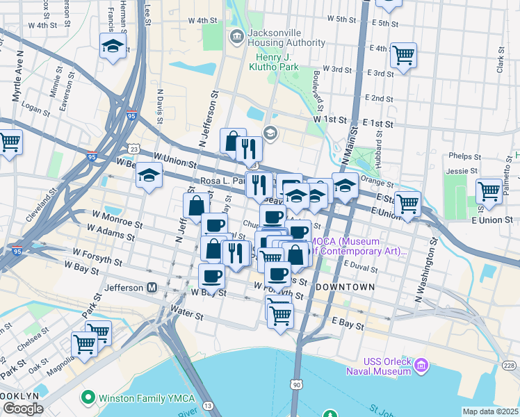 map of restaurants, bars, coffee shops, grocery stores, and more near 320 West Church Street in Jacksonville