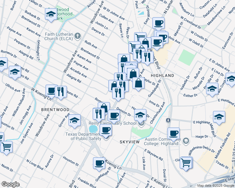 map of restaurants, bars, coffee shops, grocery stores, and more near 6310 North Lamar Boulevard in Austin