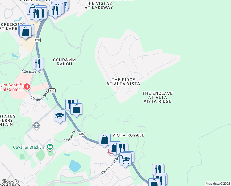 map of restaurants, bars, coffee shops, grocery stores, and more near 117 Aria Ridge in Lakeway