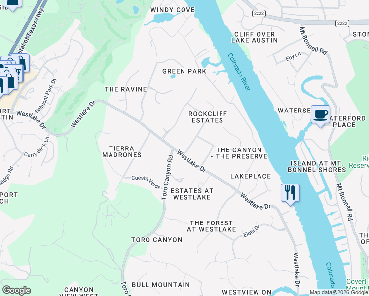 map of restaurants, bars, coffee shops, grocery stores, and more near 4000 Shadow Oak Lane in Austin