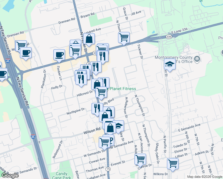 map of restaurants, bars, coffee shops, grocery stores, and more near 111 Reverse Street in Conroe