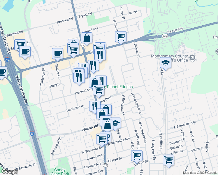 map of restaurants, bars, coffee shops, grocery stores, and more near 606 Reverse Street in Conroe