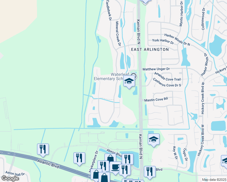 map of restaurants, bars, coffee shops, grocery stores, and more near 604 Candlebark Drive in Jacksonville