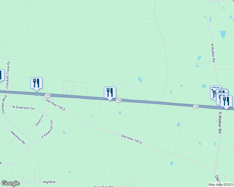 map of restaurants, bars, coffee shops, grocery stores, and more near 17631 Texas 105 in Cleveland