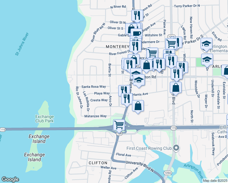 map of restaurants, bars, coffee shops, grocery stores, and more near 5452 Playa Way in Jacksonville