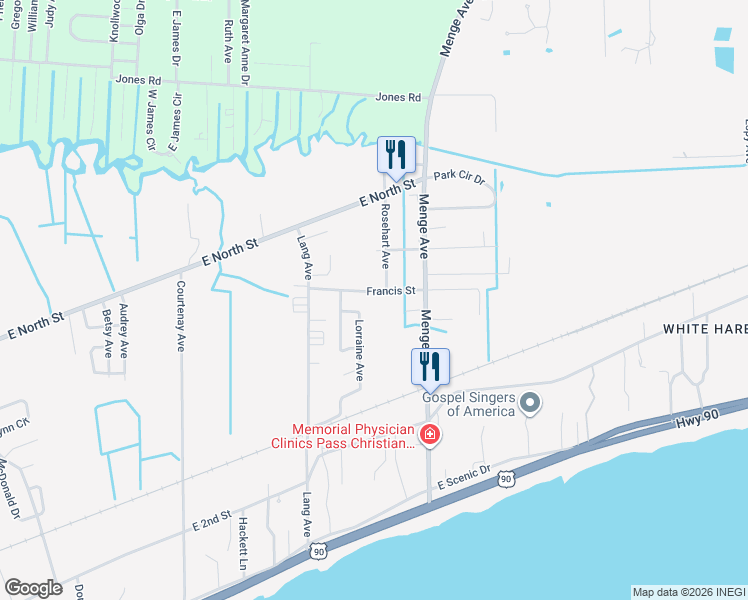 map of restaurants, bars, coffee shops, grocery stores, and more near 212 Francis Street in Pass Christian