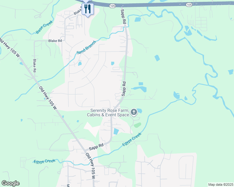 map of restaurants, bars, coffee shops, grocery stores, and more near 3850 Sapp Road in Conroe