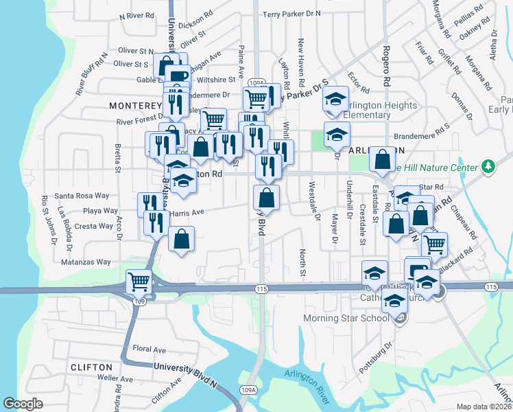 map of restaurants, bars, coffee shops, grocery stores, and more near 1100 Florida 109A in Jacksonville