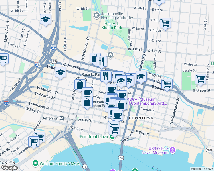 map of restaurants, bars, coffee shops, grocery stores, and more near 225 West Ashley Street in Jacksonville