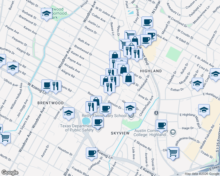 map of restaurants, bars, coffee shops, grocery stores, and more near 6324 North Lamar Boulevard in Austin