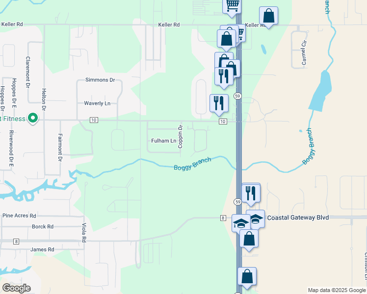 map of restaurants, bars, coffee shops, grocery stores, and more near Holmes Ave in Foley