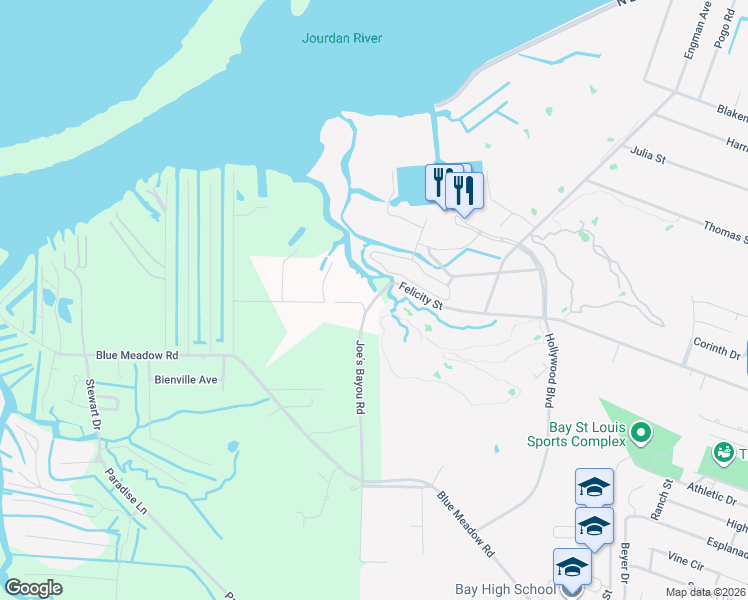 map of restaurants, bars, coffee shops, grocery stores, and more near 11241 Joe's Bayou Road in Bay St. Louis