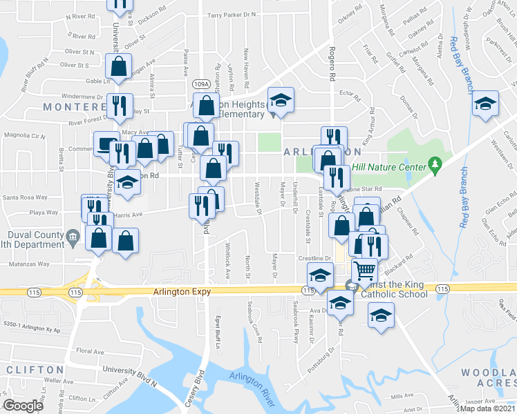 map of restaurants, bars, coffee shops, grocery stores, and more near 1111 Westdale Drive in Jacksonville