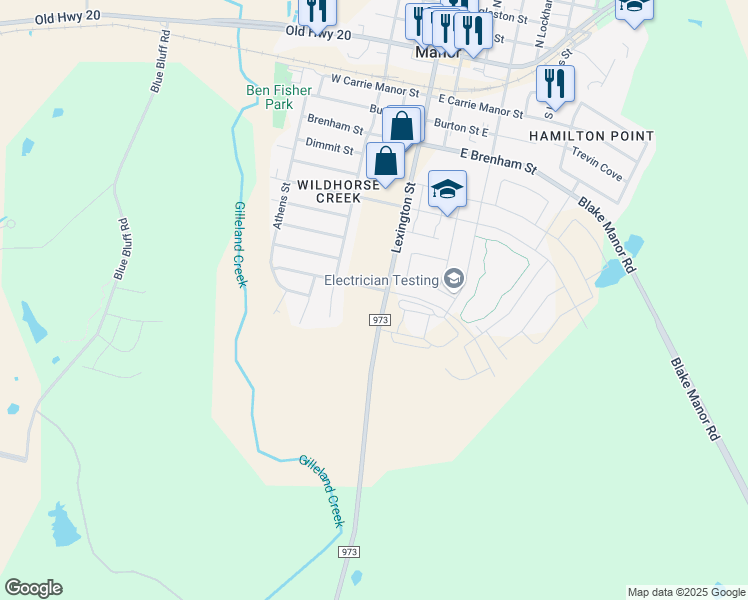 map of restaurants, bars, coffee shops, grocery stores, and more near 11830 Farm to Market Road 973 in Manor