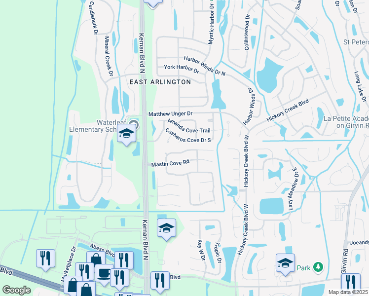 map of restaurants, bars, coffee shops, grocery stores, and more near 12344 Silent Brook Trail North in Jacksonville